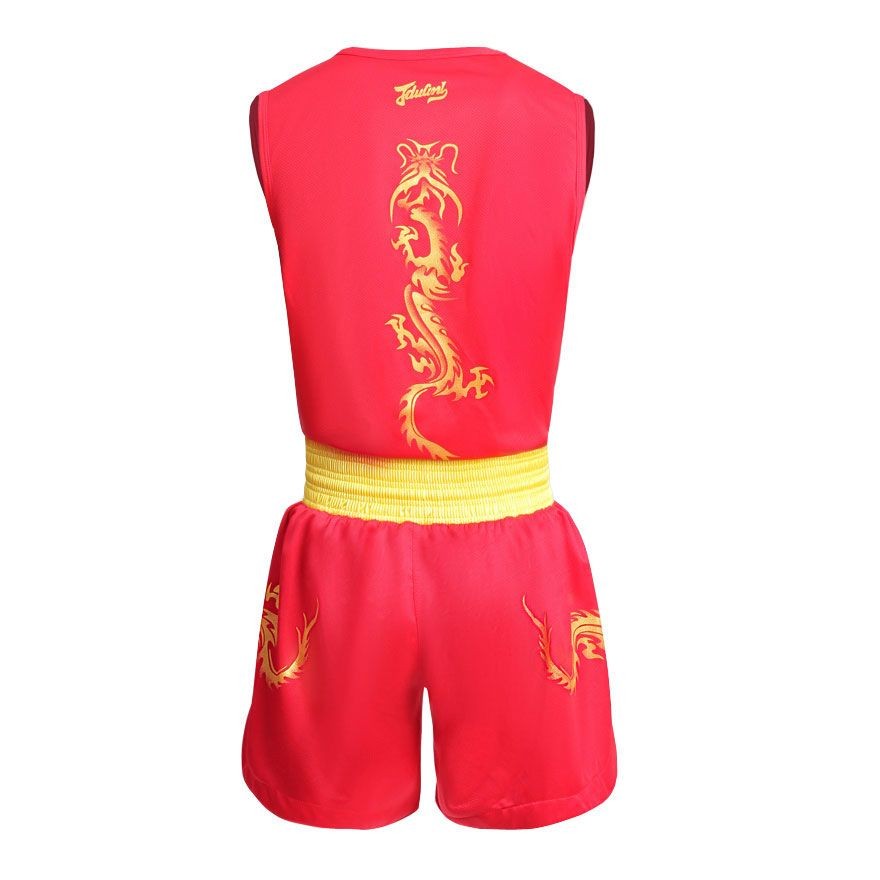 ShenLong Tenue De Boxe Chinoise Sanda « Dragon » – Short Et Haut, Bleu, Broderie Dragon Jaune, 3XL